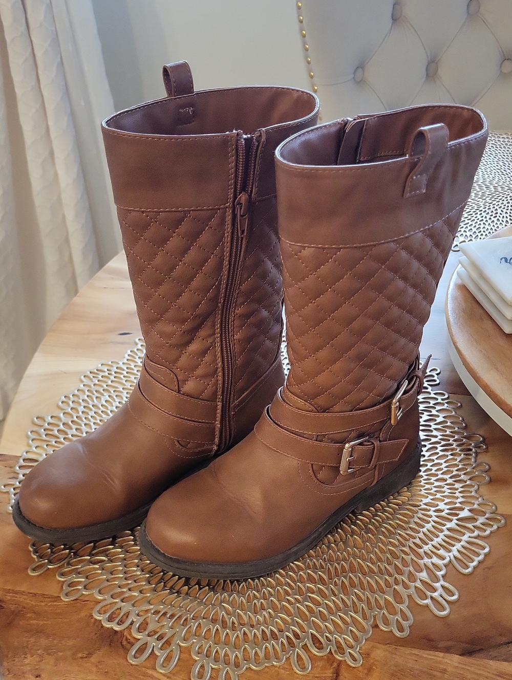 Dream Pairs Brown Quilted Mid-Calf Buckle Boots